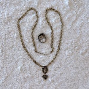 Golden Bronze Tone Linked Long-Length Necklace and Ring